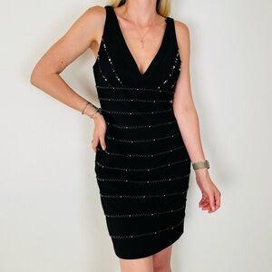 Pronovias deep V-neck black bodycon embellished sleeveless midi dress